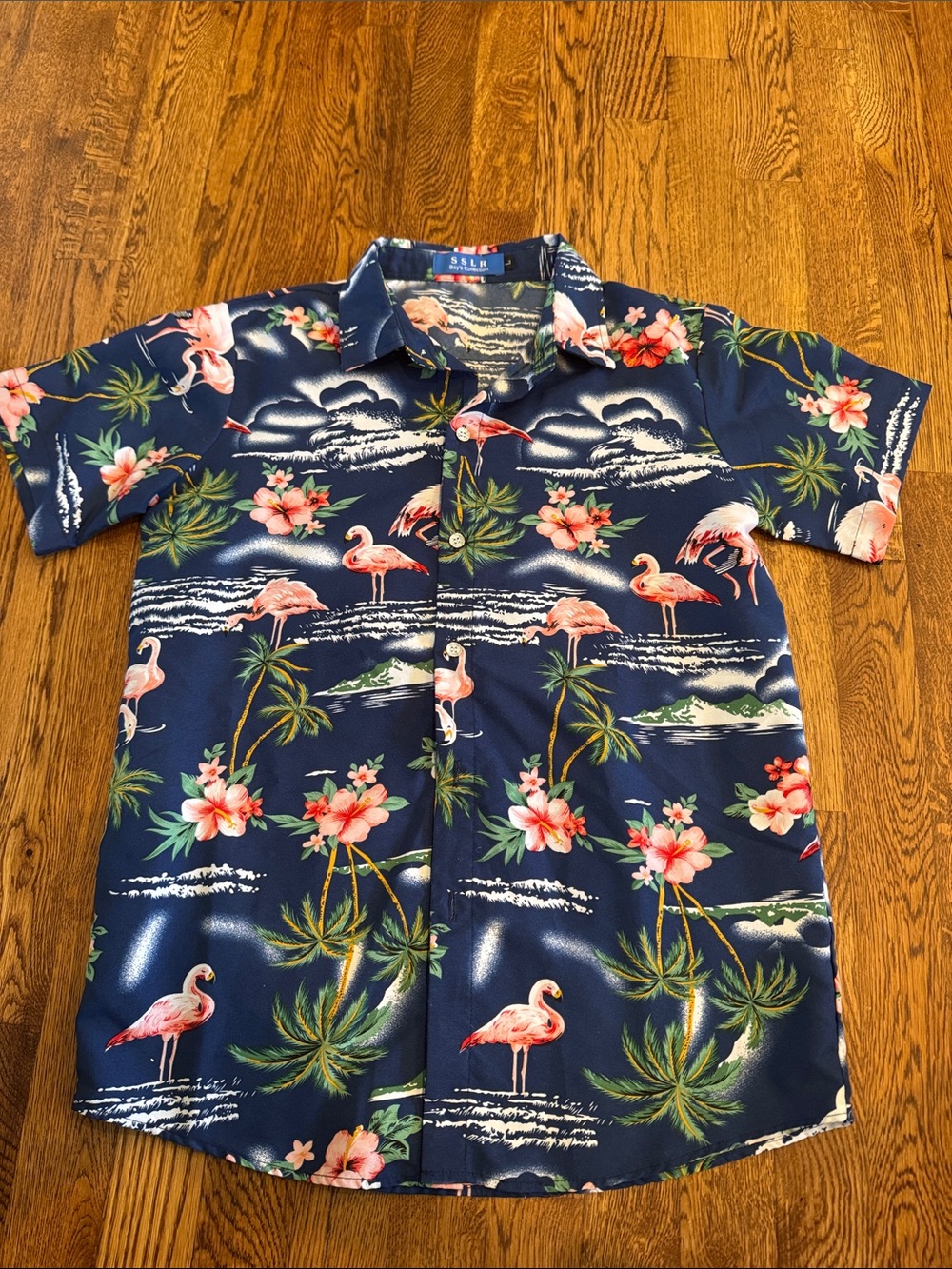 SSLR Boys Navy Tropical Flamingo Hawaiian Shirt Size Large